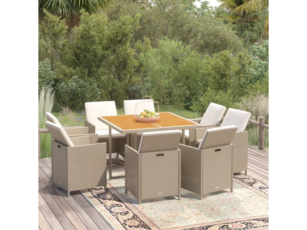 Ensemble à manger de jardin et coussins 9 pcs Poly rotin Beige