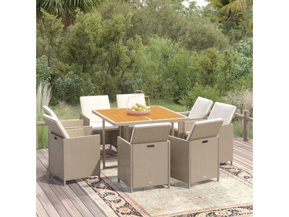 Ensemble à manger de jardin et coussins 9 pcs Poly rotin Beige