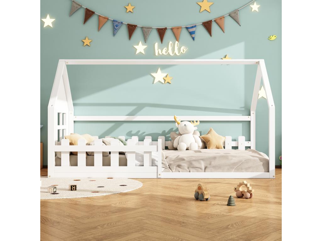 Lit cabane 90x200 cm lit enfant avec fenêtre Bois en pin Sommier à Meublori Blanc