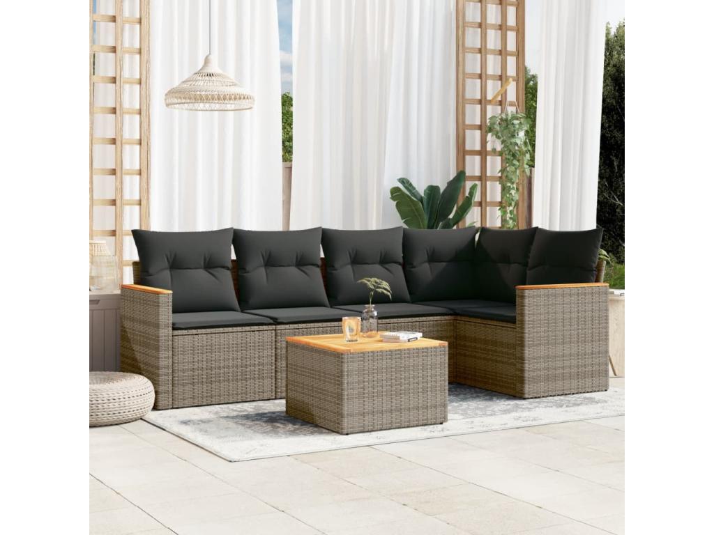 Salon de jardin 6 pcs avec coussins gris résine tressée