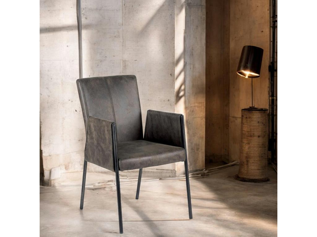 Chaise fauteuil avec accoudoirs tissu microfibres gris et pieds métal noir