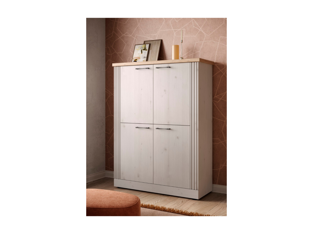 Buffet haut 4 portes décor chêne Meublori et blanc meringué H160 cm - COUNTRY