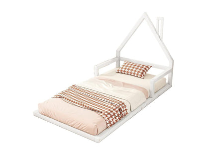 Lit cabane 90x200cm lit enfant plat en forme maison avec sommier à Meublori en pin massif blanc