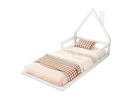 Lit cabane 90x200cm lit enfant plat en forme maison avec sommier à Meublori en pin massif blanc