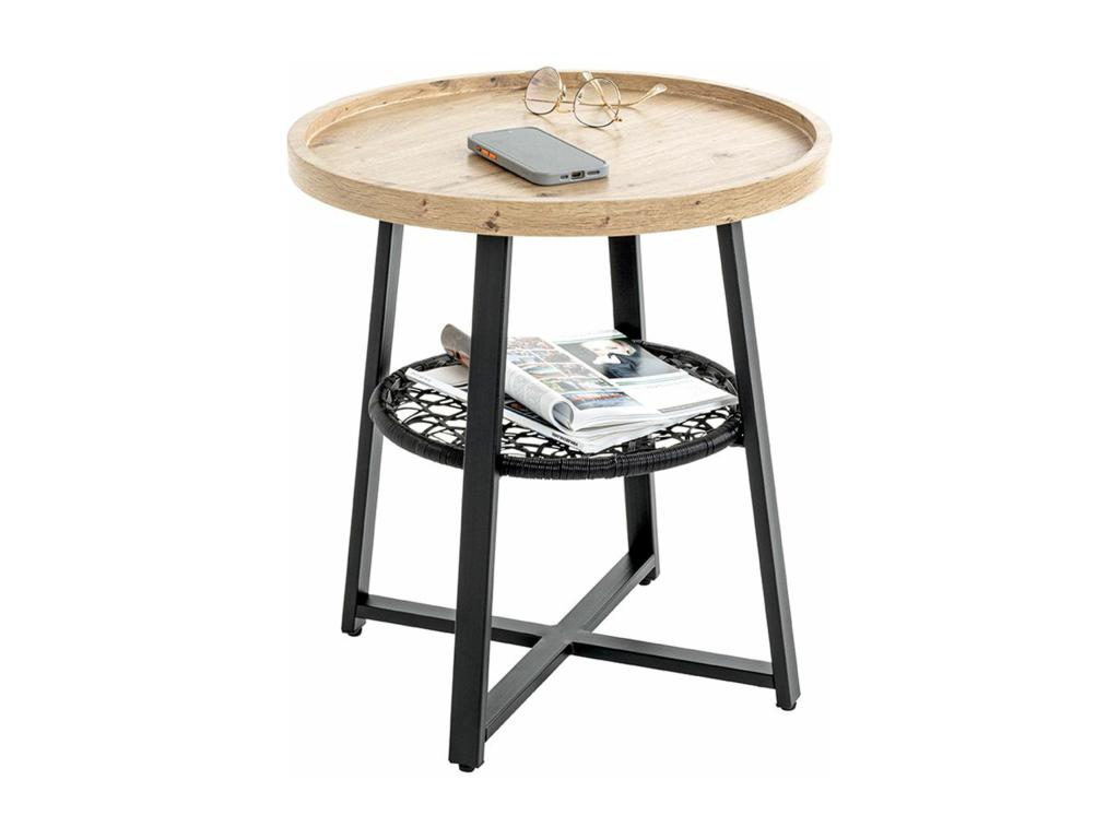 Table basse Table de salon ronde en bois chêne et métal noir - diamètre 50 x hauteur 55 cm