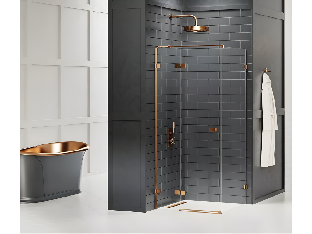 Cabine de douche cuivre brossé 110x90cm pivotante gauche Meublori COPPER BRUSHED acces de face