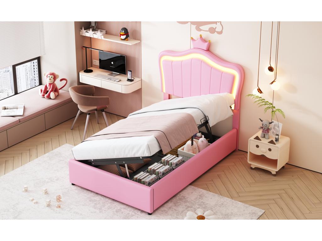 Lit coffre 90x200 cm avec tête de lit réglable et éclairage LED - simili cuir - motif couronne - rose sans matelas TONP06222