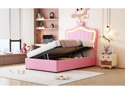Lit coffre 90x200 cm avec tête de lit réglable et éclairage LED - simili cuir - motif couronne - rose sans matelas TONP06222