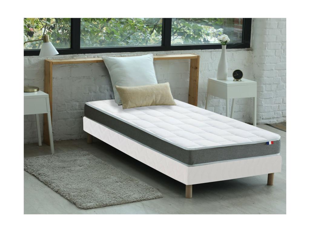 Ensemble matelas mémoire de forme et mousse HR Meublori avec sommier - confort français Dimensions - 90x190 cm Sommier - Blanc