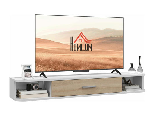 Meuble TV mural banc TV design flottant - 2 niches porte abattante - dim- 120L x 26l x 16H cm - blanc aspect chêne clair