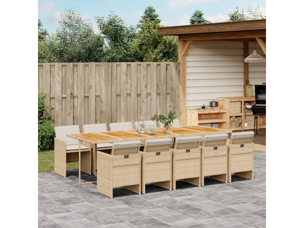 Ensemble à manger de jardin et coussins 11 pièces beige poly rotin