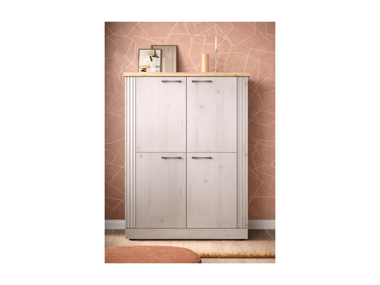 Buffet haut 4 portes décor chêne Meublori et blanc meringué H160 cm - COUNTRY