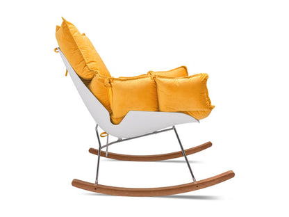 Meublori - Fauteuil à bascule design en Pp et bois de pin- Fauteuil à bascule Meublori en velours jaune avec coussin rembourré et matelassé