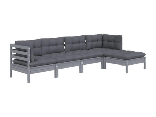 Salon de jardin 5 pièces avec coussins gris bois de pin