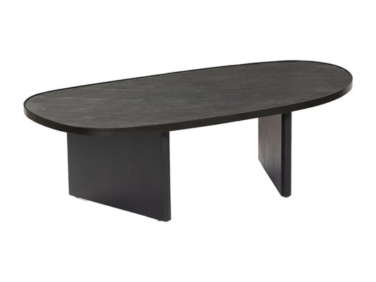 Table basse ovale bois de manguier et placage pierre noire- rebord en métal- L 119.5 x P 60 x H 35cm