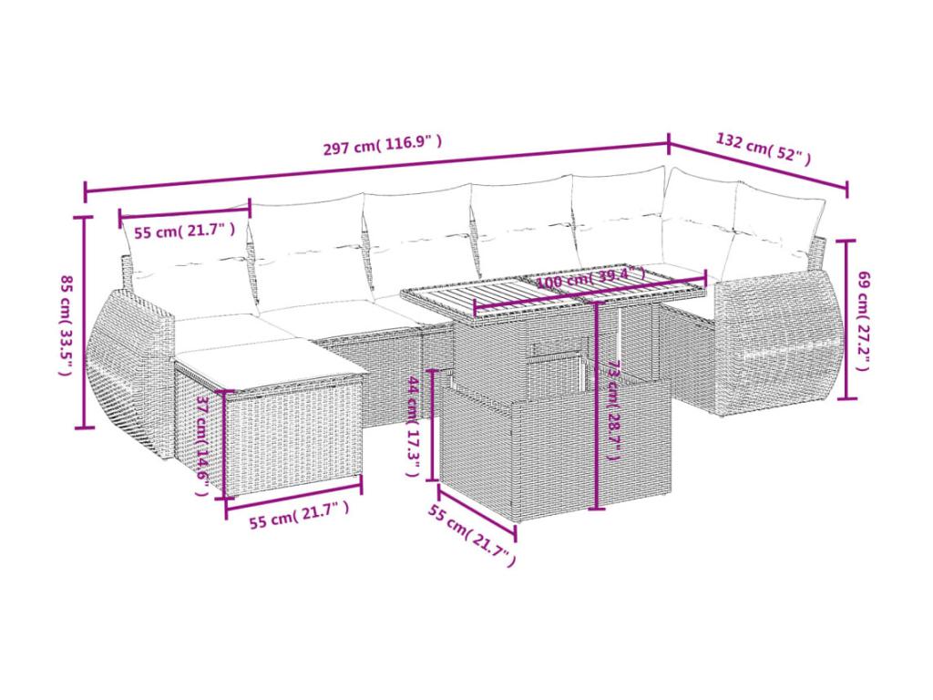 Salon de jardin 8 pcs avec coussins noir résine tressée