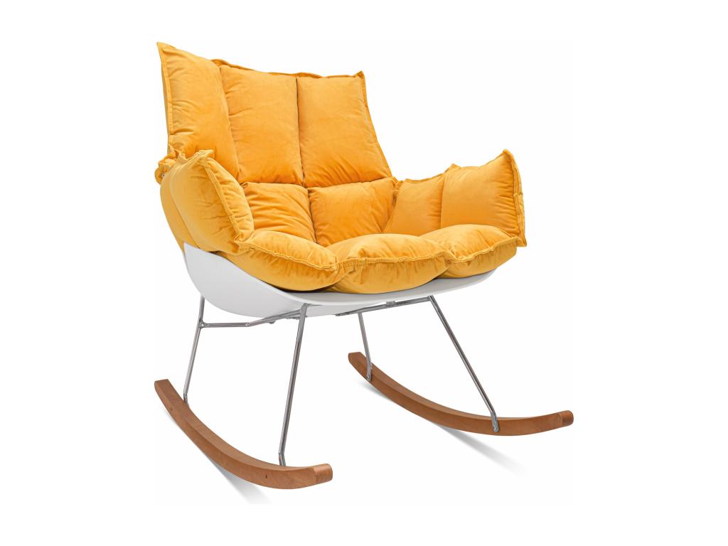 Meublori - Fauteuil à bascule design en Pp et bois de pin- Fauteuil à bascule Meublori en velours jaune avec coussin rembourré et matelassé